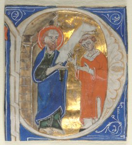 Geïllustreerde initiaal uitgesneden uit een Bijbel: St. Paulus en een geestelijke, 1200s
