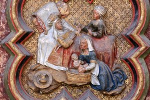 Geschiedenis van Sint-Jan de Doper: "Geboorte van Sint-Jan de Doper." Bas-reliëf van het noordelijke uiteinde van het noordkoor (1531). Polychrome steen. 1531. Kathedraal van Amiens, Amiens, Frankrijk door Unbekannt