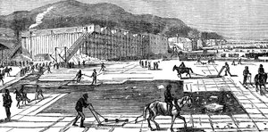 Ijs verzamelen op de Hudson River nabij New York, VS, 1875 door Unbekannt