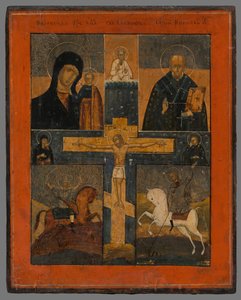 Icoon-Kruisiging met Kazan Moeder Gods, St. Nicolaas, St. Joris en Dimitri
