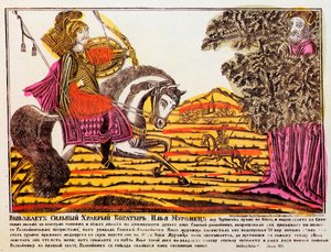 Ilya Muromets en Nightingale de Rover, Lubok print, 18e eeuw door Unbekannt