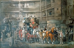 Herberg met postkoets die zich voorbereidt om te vertrekken, ca. 1840 door Unbekannt