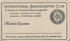 International Broadcasting Club: Lidmaatschapskaart, ca. 1930s door Unbekannt