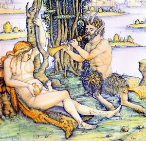 Italiaans aardewerken bord met de satyrfamilie na Dürer door Unbekannt