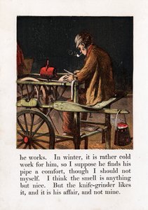 Rondreizende messenslijper die een mes slijpt door een slijpsteen met een pedaal te draaien, ca. 1867 door Unbekannt