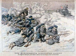 Japanse aanval op een hospitaaltrein bij Port Arthur, Mantsjoerije, Russisch-Japanse Oorlog, 1904