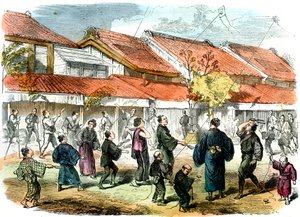Japans spel van battledore en shuttlecock in de straten van Yokohama, 1865
