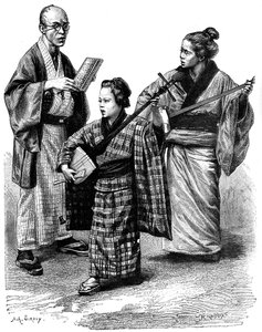 Japanse muzikanten en een handelaar, 1895 door Unbekannt