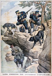 Japanse soldaten met honden vinden een Russische schuilplaats, Russisch-Japanse Oorlog
