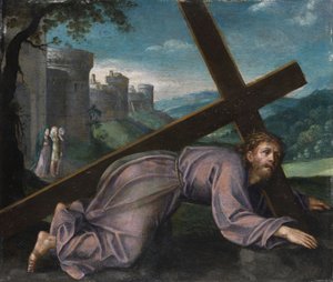 Jezus valt onder het kruis. Noord-Italiaanse schilder van de 17e eeuw