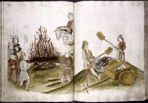 Jan Hus wordt op de brandstapel verbrand op 6 juli 1415 en zijn as wordt in de Rijn geworpen uit: Ulrich Richental Kroniek van het Concilie, 1414-1418 door Unbekannt