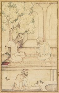 Kabir en twee volgelingen op een terras recto, kalligrafie verso, c. 1610-1620