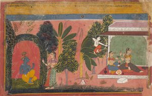 Kama richt zijn boog op Radha: Pagina uit een verspreide Gita Govinda Loves of Krishna