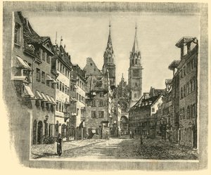 Karolinen-Strasse en de kerk van St. Lawrence, Neurenberg door Unbekannt