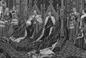 Koning Edward VII en koningin Alexandra bij de opening van het eerste parlement van Zijne Majesteit, 1901 door Unbekannt