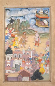 Koning Sal bezoekt Kala Yavana, Folio uit een Harivamsa-legende van Hari Krishna, ca. 1590-95 door Unbekannt