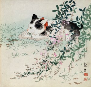 Kitten in gras en loof bloemen - Japanse prent door Unbekannt