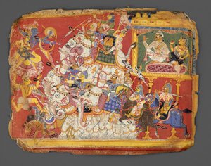 Krishna vecht tegen de legers van de demon Naraka: Pagina uit een Bhagavata Purana-manuscript, ca. 1540 door Unbekannt