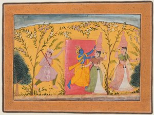 Krishna heft tol van de melkmeisjes, uit een Bhagavata Purana, ca. 1600 door Unbekannt