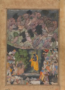 Krishna houdt de berg Govardhan omhoog om de dorpelingen van Braj te beschermen, folio van... (ca. 1590-95) door Unbekannt