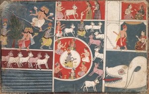 Krishna speelt de fluit en andere episodes uit de Bhagavata Purana, ca. 1650 door Unbekannt