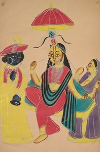 Krishna staat bij Radha die op een stoel zit, 1800s