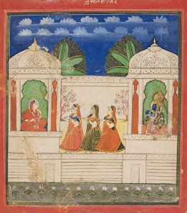 Krishna en Radha in twee paviljoens door Unbekannt