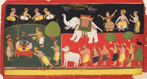 Krishna vereerd door Indra die aankomt op een witte olifant, ca. 1720 door Unbekannt