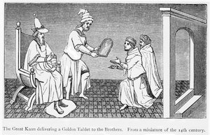 Kublai Khan geeft een gouden tablet die veilige doorgang garandeert aan Niccolo en Maffeo Polo door Unbekannt