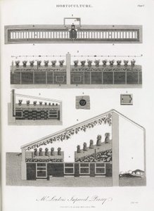 De kas voor het kweken van ananassen, elevatie en doorsnede van het gebouw