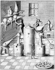 Laboratorium voor het raffineren van goud en zilver, met typisch laboratoriumapparatuur, 1683 door Unbekannt