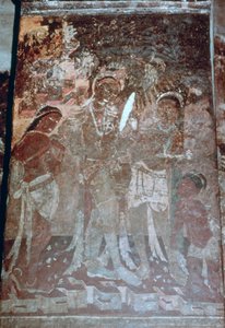 Dame bij haar toilet, grotschildering, Ajanta, India. 1e-5e eeuw