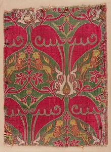 Lampas met steigerende leeuwen, palmetten en wapenschilden, 1400s door Unbekannt