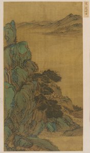 Landschap: een berghelling, een brede stroom en verre heuvels, Ming-dynastie, 1368-1644