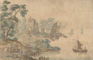 Landschap met Paarden en Karren en een Rivier aan de Rechterkant, 18e eeuw