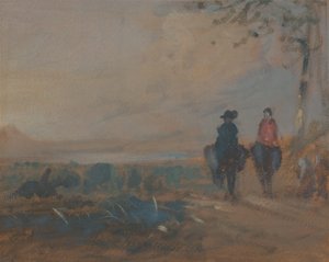 Landschap met meer en twee ruiters, ca. 1820 door Unbekannt