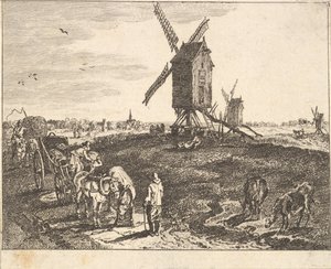 Landschap met molens en kar