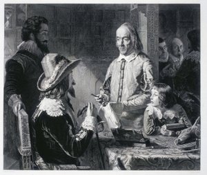 De Engelse arts William Harvey (1578-1637) toont koning Karel I Stuart van Engeland (1600-1649) de theorie van de bloedsomloop door Unbekannt