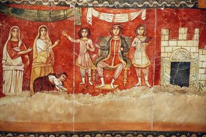 De farao en de kindertijd van Mozes, fresco afkomstig uit de Synagoge van Doura (Dura) Europos, 244-245, en bewaard in het Nationaal Museum van Damascus. Foto genomen in het Joods Museum van New York tijdens een tentoonstelling. door Unbekannt