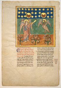 Blad uit een Beatus-manuscript: de vierde engel blaast op de trompet en een adelaar..., ca. 1180 door Unbekannt