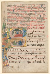 Blad uit een Graduale: Historiated Initial S[alve Sancta Parens] met Geboorte van de Maagd recto door Unbekannt