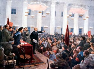 Lenin toespreekt afgevaardigden van het 2e Sovjetcongres, Smolny Paleis, St. Petersburg, 1917