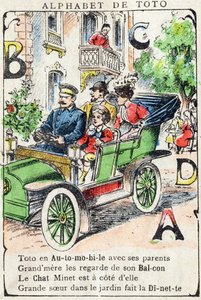 Letters A B C D Auto Balkon Kat Dinette. Gravure in "Alphabet de Toto", eind 19e eeuw. Pont-a-Mousson beeldmateriaal. Louis Vagne, drukker-uitgever.