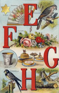 Letters E F G H; Zwaluw; Waaier; Bloemen; Taarten; Beker; Hachette; Zwaluw. Gravure in "Alphabet de ma petite fille". Bernardin-Bechet en Fils, boekverkopers-uitgevers, Parijs, rond 1895. Onbreekbaar album op canvas. Bibliotheque des Bebes. 12 pagina