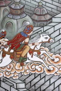 Leven van Boeddha Siddhartha ontsnapte uit zijn paleis, vergezeld door Channa op zijn paard Kanthaka, Seoul, Zuid-Korea