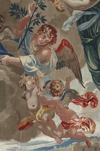 Leven van de Maagd: "De Kroning van de Maagd" (Kroning van de Maagd) Detail van engelen Tapijt van wol en zijde gemaakt in de werkplaats van Pierre Damour naar tekeningen van Charles Poerson (1609-1667) door Unbekannt