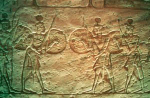 Kalkstenen reliëf met Hettitische soldaten, Tempel van Abu Simbel, Egypte, 14e-13e eeuw v.Chr. door Unbekannt