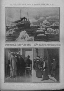 Liner in een ijsveld, en mensen die wachten op nieuws van de Titanic-ramp, 20 april 1912