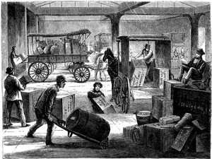 Laden van paard-en-wagen bij het Wells Fargo hoofdkantoor, New York, VS, 1875