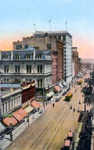 Kijkend naar het noorden langs Third Street, Portland, Oregon, VS, ca. 1900s